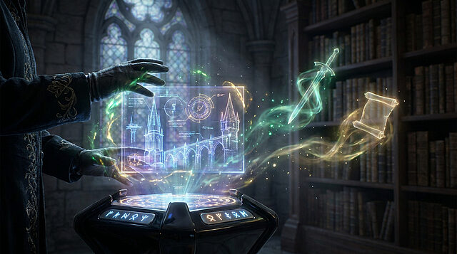 Hogwarts Legacy : Utiliser le Creator Kit officiel Mains magiques manipulant un hologramme architectural devant des bibliothèques dans Hogwarts Legacy.