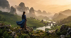 Guerrier en tenue traditionnelle observant un paysage montagneux brumeux avec des rizières et un pont ancien.