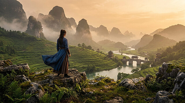 Where Winds Meet : Épopée Wuxia sur Xbox Guerrier en tenue traditionnelle observant un paysage montagneux brumeux avec des rizières et un pont ancien.