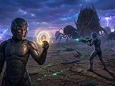 Soldats en armure futuriste face à des créatures extraterrestres géantes sous un ciel orageux dans Fortnite.