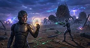 Soldats en armure futuriste face à des créatures extraterrestres géantes sous un ciel orageux dans Fortnite.