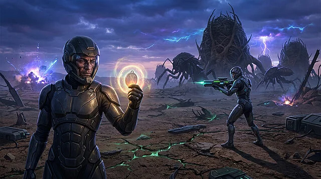 Fortnite Chapitre 6 Saison 4 : L'Invasion Alien Soldats en armure futuriste face à des créatures extraterrestres géantes sous un ciel orageux dans Fortnite.