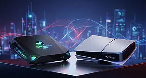 Une Steam Machine 2026 noire et une PS5 Pro blanche posées sur un socle devant une ville futuriste.
