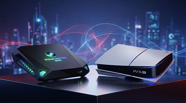 Une Steam Machine 2026 noire et une PS5 Pro blanche posées sur un socle devant une ville futuriste.