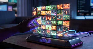 Une main interagit avec une interface holographique affichant une grille de jeux vidéo colorés.