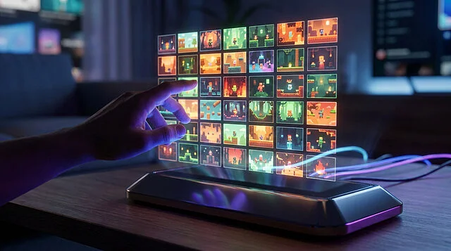 Essais PS Plus : Découvrez 40 jeux en un clic Une main interagit avec une interface holographique affichant une grille de jeux vidéo colorés.