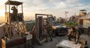 Survivants dans un camp post-apocalyptique fortifié, avec tour de guet, véhicule blindé et table tactique.