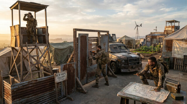 State of Decay 3 : La survie coopérative en action Survivants dans un camp post-apocalyptique fortifié, avec tour de guet, véhicule blindé et table tactique.