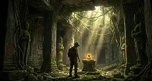 Un explorateur avec un chapeau et un sac à dos regarde un artefact brillant dans un temple ancien envahi par la jungle.