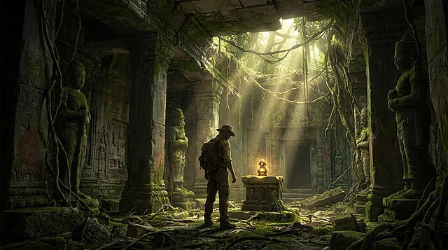 Un explorateur avec un chapeau et un sac à dos regarde un artefact brillant dans un temple ancien envahi par la jungle.