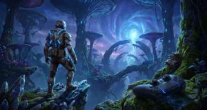 Un explorateur en armure spatiale face à une forêt extraterrestre bioluminescente avec une manette PS5 au premier plan.