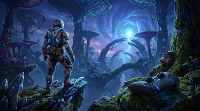Un explorateur en armure spatiale face à une forêt extraterrestre bioluminescente avec une manette PS5 au premier plan.