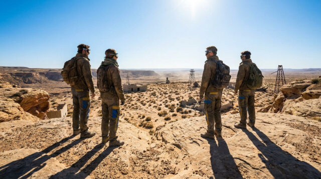 Quatre personnages en tenues de survie regardant un vaste paysage désertique et rocailleux sous un soleil éclatant.
