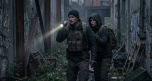 Un homme et une femme en tenue tactique explorent une ruelle sombre avec une lampe torche dans Resident Evil Requiem.