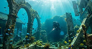 Un plongeur explore des ruines japonaises submergées remplies de poissons tropicaux colorés dans des eaux cristallines.