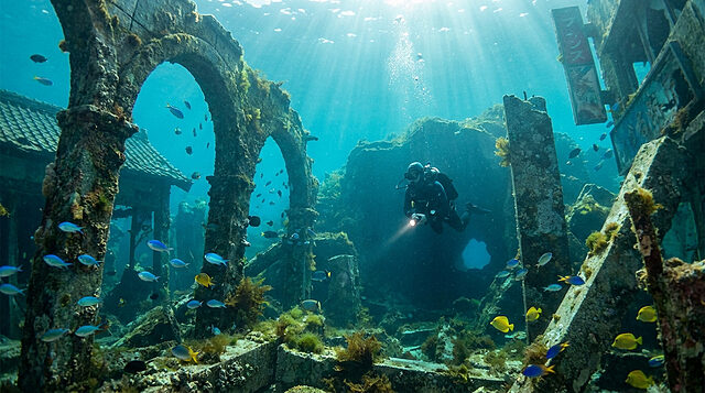Exploration des ruines sous-marines de Pokopia Un plongeur explore des ruines japonaises submergées remplies de poissons tropicaux colorés dans des eaux cristallines.