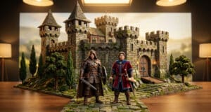 Maquette de château médiéval style Lego avec deux figurines de chevaliers devant une porte fortifiée.