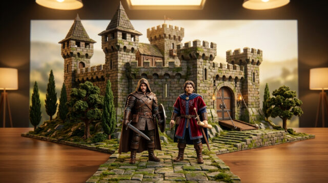 Maquette de château médiéval style Lego avec deux figurines de chevaliers devant une porte fortifiée.