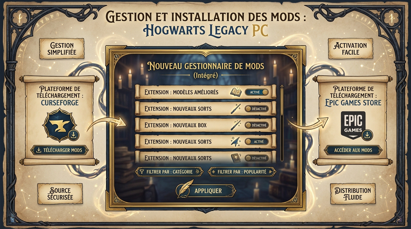 Infographie expliquant la gestion des mods sur Hogwarts Legacy PC via le Mod Manager et CurseForge