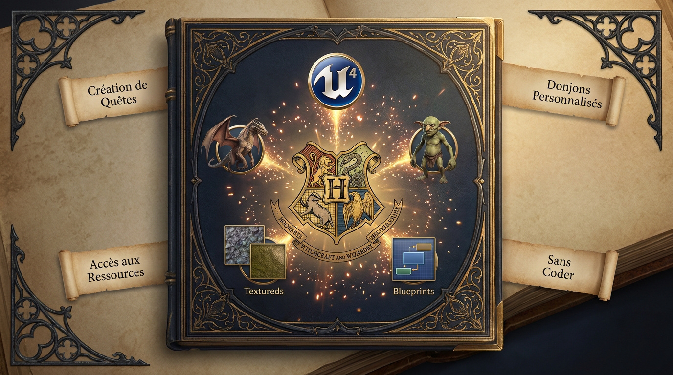Grimoire magique symbolisant les outils de création et de développement pour Hogwarts Legacy