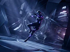 Méta Valorant : maîtriser les nouveaux agents de 2026 Un agent Valorant en tenue technologique noire lévitant dans une bulle d'énergie bleue au sein d'un complexe futuriste.