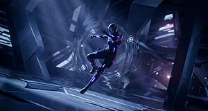 Un agent Valorant en tenue technologique noire lévitant dans une bulle d'énergie bleue au sein d'un complexe futuriste.