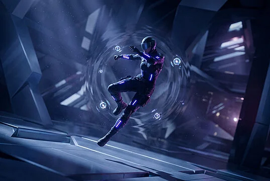 Un agent Valorant en tenue technologique noire lévitant dans une bulle d'énergie bleue au sein d'un complexe futuriste.