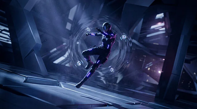Un agent Valorant en tenue technologique noire lévitant dans une bulle d'énergie bleue au sein d'un complexe futuriste.