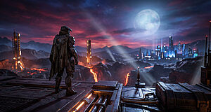Un personnage en armure futuriste surplombe une ville illuminée sous une lune brillante et un ciel crépusculaire.