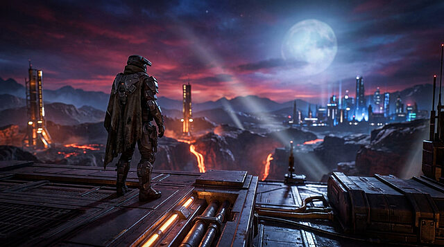 Un personnage en armure futuriste surplombe une ville illuminée sous une lune brillante et un ciel crépusculaire.