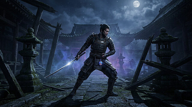 Un samouraï en armure tenant un katana dans un temple japonais nocturne dévasté sous la pleine lune.