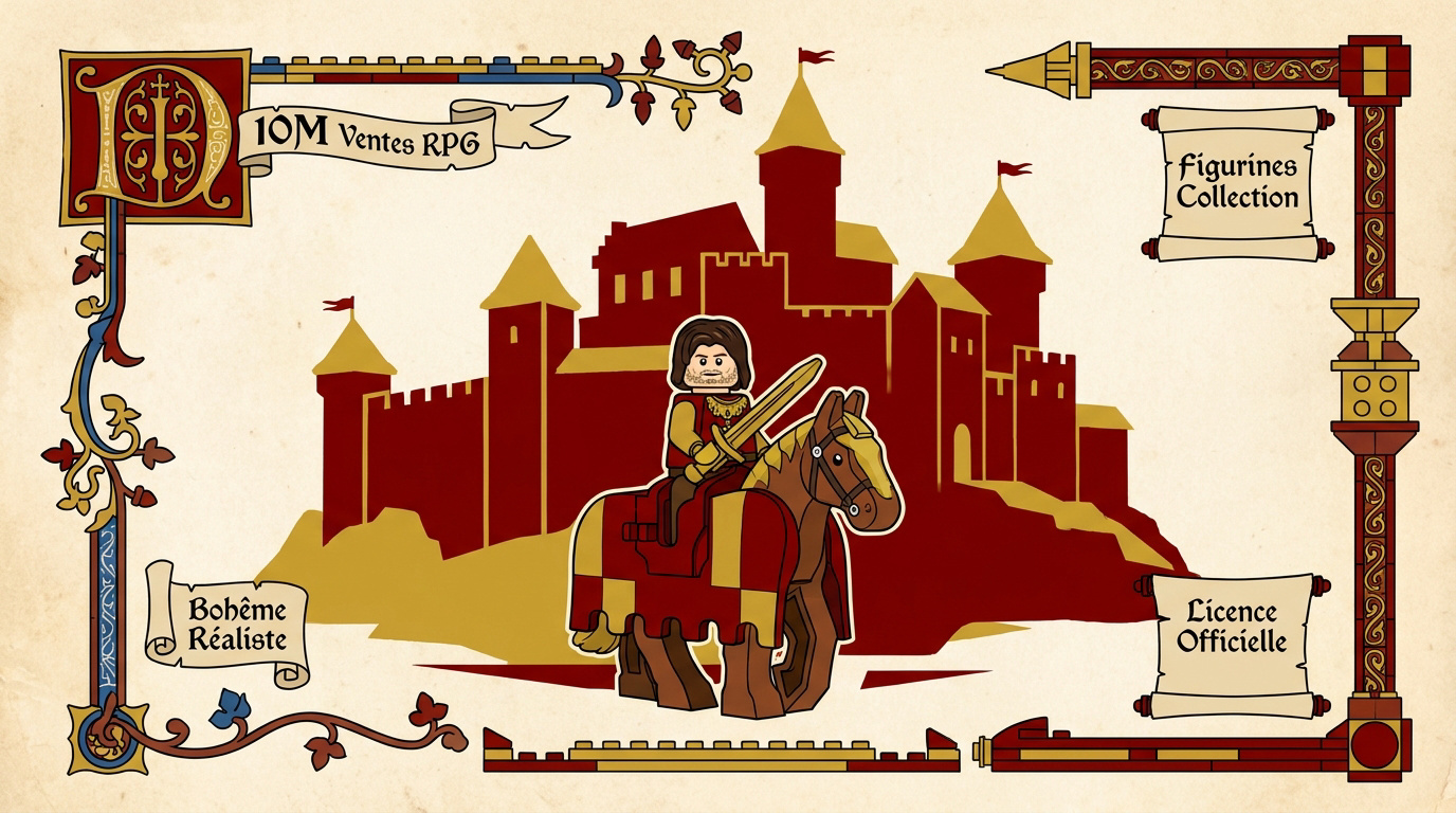 Figurine de Henry de Kingdom Come Deliverance style Lego devant une forteresse médiévale