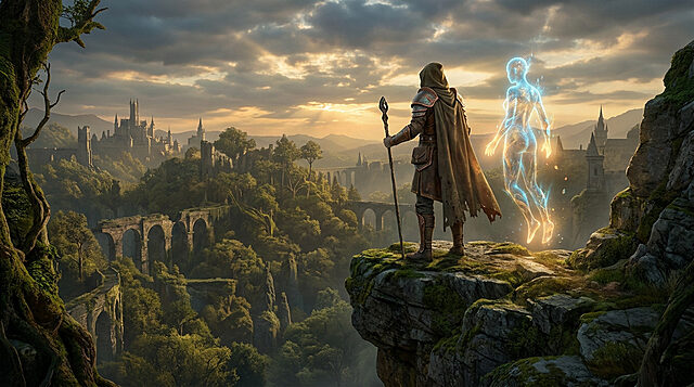 Twilight Princess : un retour épique sur Switch 2 Un voyageur en cape avec un bâton observe un château au coucher du soleil accompagné d'une silhouette spectrale bleue.