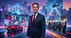 Un homme en costume devant un collage style GTA montrant une ville futuriste, une voiture de sport et un hélicoptère.