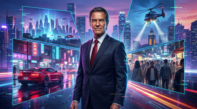 Donald Trump façon GTA 6 Un homme en costume devant un collage style GTA montrant une ville futuriste, une voiture de sport et un hélicoptère.