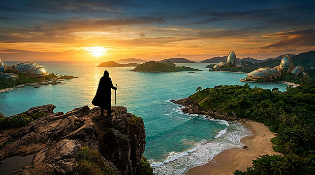 Une silhouette encapuchonnée observe une baie tropicale futuriste au coucher du soleil.
