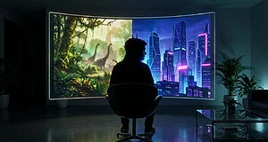 Silhouette d'un joueur devant un écran incurvé géant affichant un paysage préhistorique et une cité futuriste.