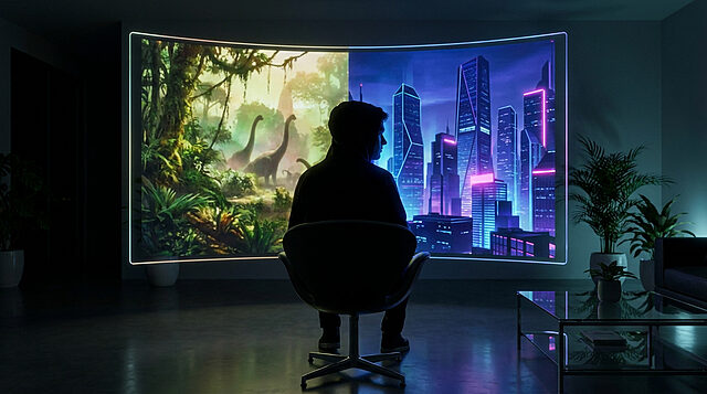 Xbox Game Pass : les nouveautés de juin 2026 Silhouette d'un joueur devant un écran incurvé géant affichant un paysage préhistorique et une cité futuriste.
