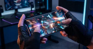 Un joueur portant des gants tactiques tient un smartphone affichant un jeu rapide avec un taux de rafraîchissement 165Hz.