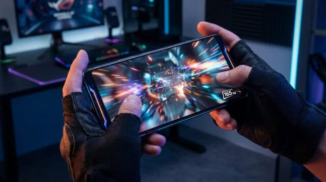 Un joueur portant des gants tactiques tient un smartphone affichant un jeu rapide avec un taux de rafraîchissement 165Hz.