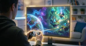 Un joueur utilise une manette devant un écran affichant un jeu vidéo fantastique aux couleurs néon.
