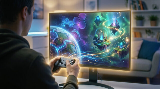 Jouez gratuitement avec Amazon Luna et Prime Un joueur utilise une manette devant un écran affichant un jeu vidéo fantastique aux couleurs néon.