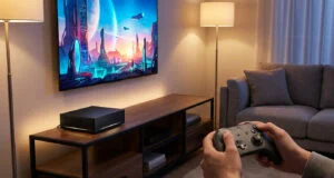 Une personne tient une manette de jeu devant une télévision affichant un paysage futuriste et une console noire.