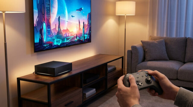 Expérience de jeu sur Steam Machine dans votre salon Une personne tient une manette de jeu devant une télévision affichant un paysage futuriste et une console noire.