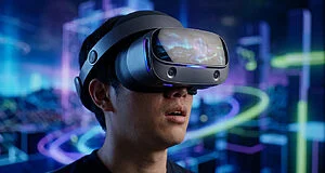 Jeune homme portant un casque de réalité virtuelle sophistiqué sur fond numérique néon.