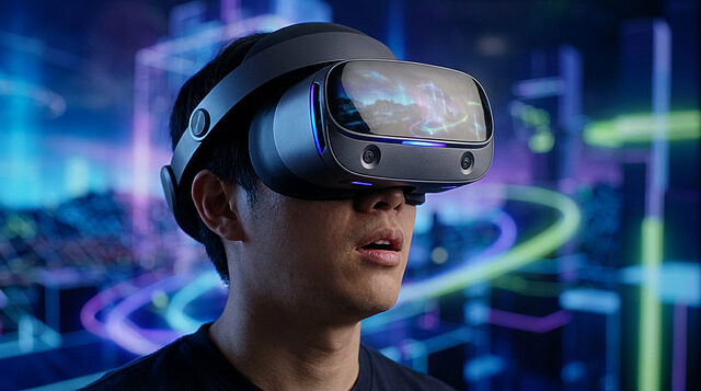 Guide VR : choisir son casque en 2026 Jeune homme portant un casque de réalité virtuelle sophistiqué sur fond numérique néon.