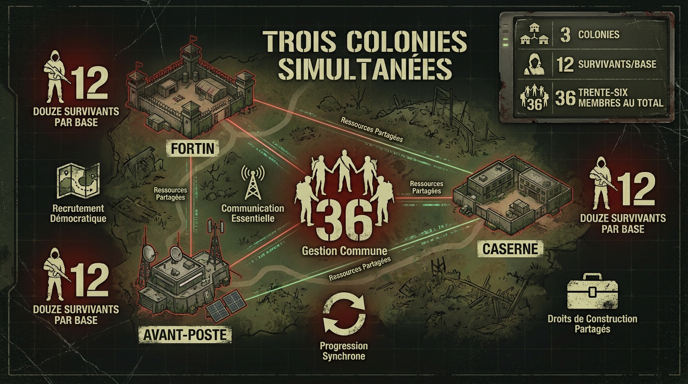 Infographie montrant la gestion de plusieurs colonies de survivants dans un monde post-apocalyptique