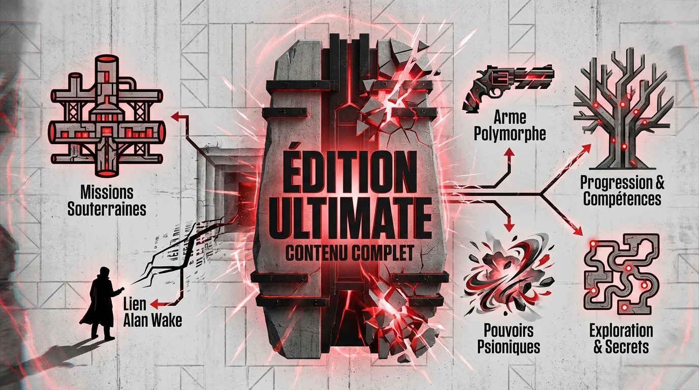 Infographie détaillée des contenus de Control Ultimate Edition incluant les DLC La Fondation et EMA