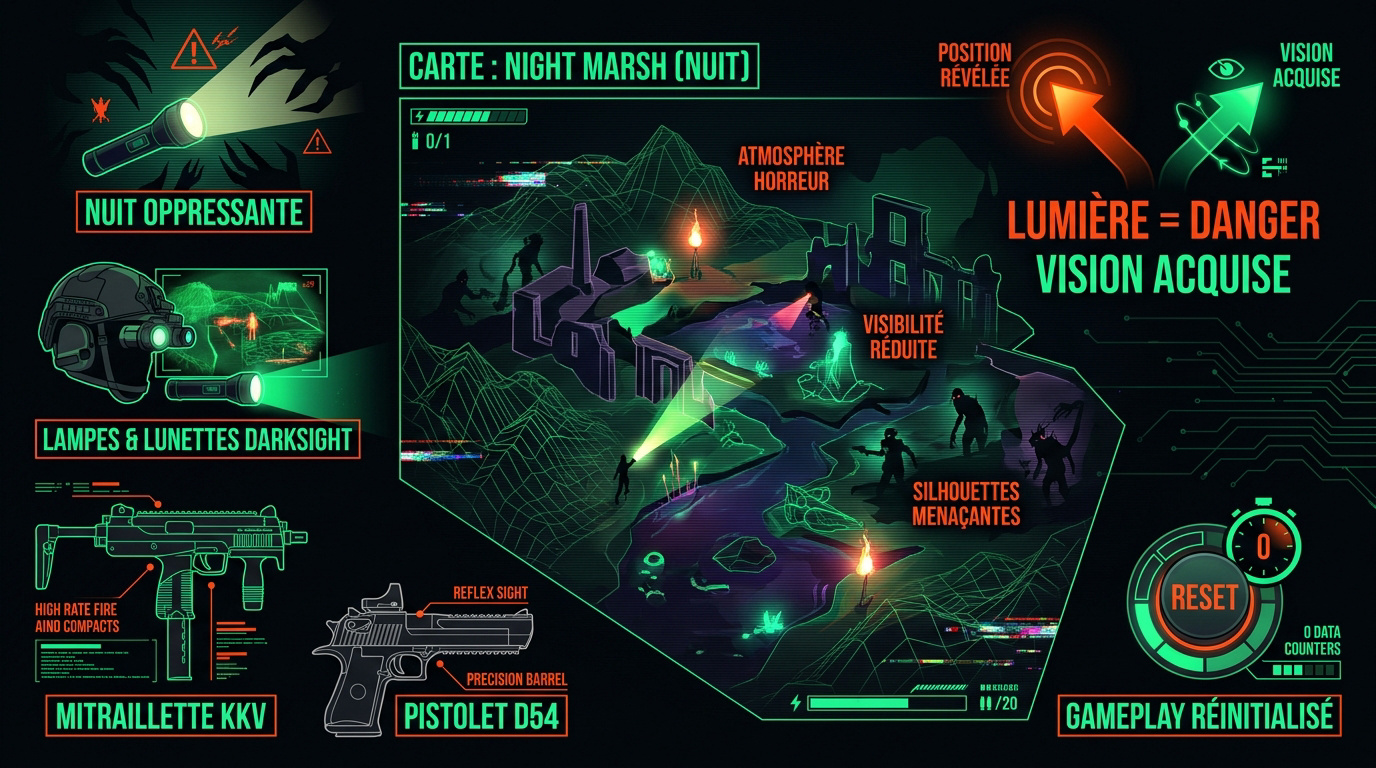 Infographie présentant la carte nocturne Night Marsh et les nouveaux équipements de survie dans Marathon