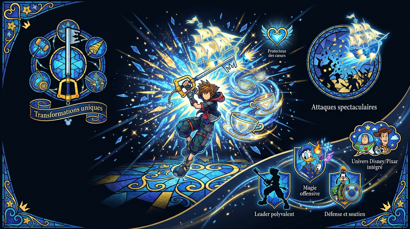 Infographie présentant Sora et ses pouvoirs de Keyblade dans Kingdom Hearts